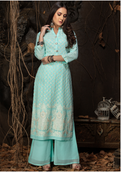 Blue Color Designer Georgette Straight Cut Kurti